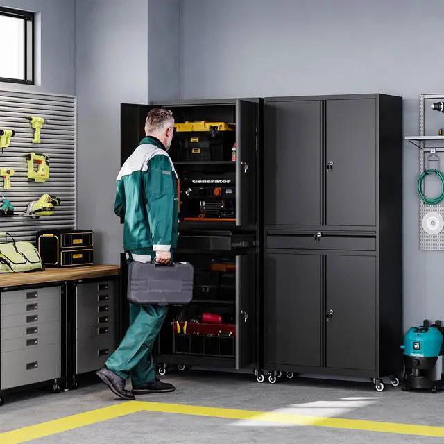 Alt view image 2 of 6 - Metal Garage Storage Cabinet with Wheels,72 Rolling Tool Cabinet with 4 Door Lock-Adjustable Shelves and Drawer for Garage Home Office Utility Room