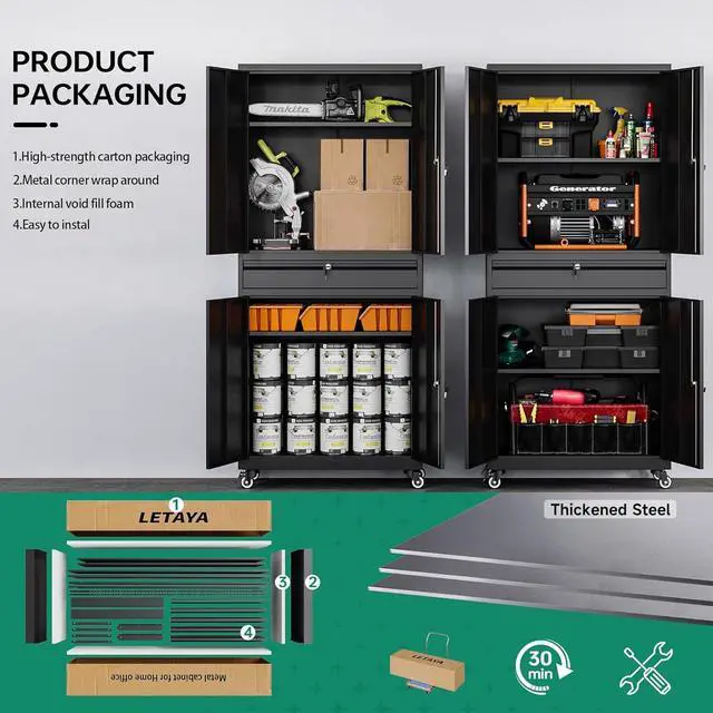 Alt view image 4 of 6 - Metal Garage Storage Cabinet with Wheels,72 Rolling Tool Cabinet with 4 Door Lock-Adjustable Shelves and Drawer for Garage Home Office Utility Room