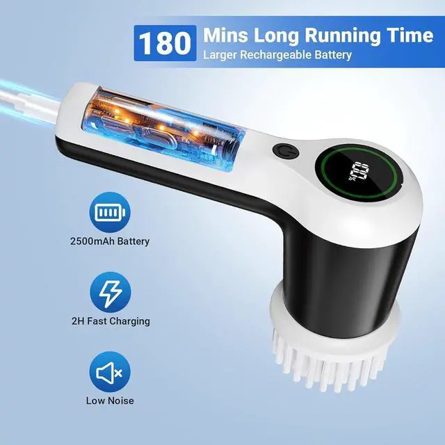 Alt view image 2 of 6 - Electric Spin Scrubber, Cordless Shower Scrubber with Battery Level Display, 2 Speeds Electric Scrubber for Cleaning with 6 Replaceable Heads, Electric Cleaning Brush for Bathroom//Sink/Window