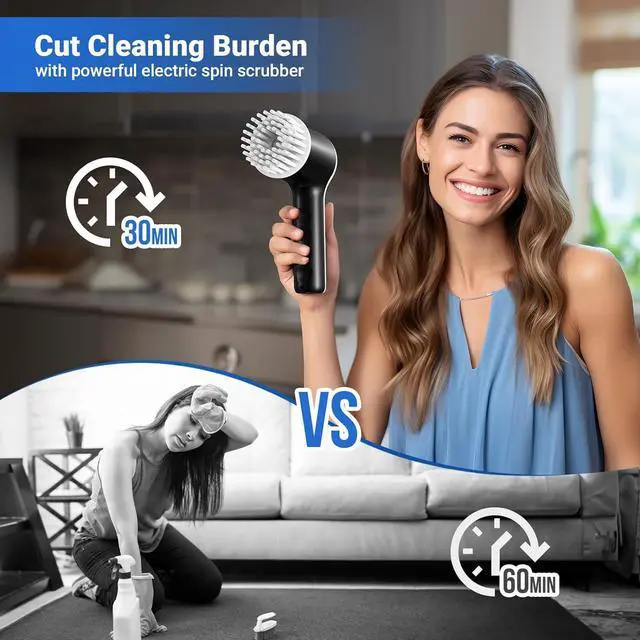 Alt view image 6 of 6 - Electric Spin Scrubber, Cordless Shower Scrubber with Battery Level Display, 2 Speeds Electric Scrubber for Cleaning with 6 Replaceable Heads, Electric Cleaning Brush for Bathroom//Sink/Window