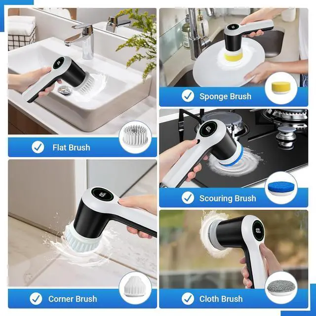Alt view image 3 of 6 - Electric Spin Scrubber, Cordless Shower Scrubber with Battery Level Display, 2 Speeds Electric Scrubber for Cleaning with 6 Replaceable Heads, Electric Cleaning Brush for Bathroom//Sink/Window