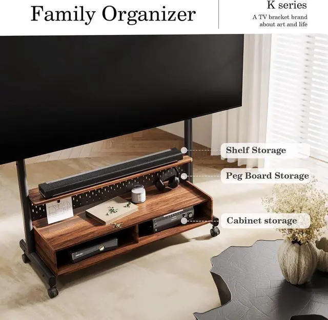 Alt view image 2 of 6 - Rolling TV Stand - Portable Floor TV Stand Mount on Wheels for 70-100 Inch TV, Mobile TV Stand Cart with Wooden Drawer for Living Room, Bed Room, Holds Up to 176 Lbs - Brown