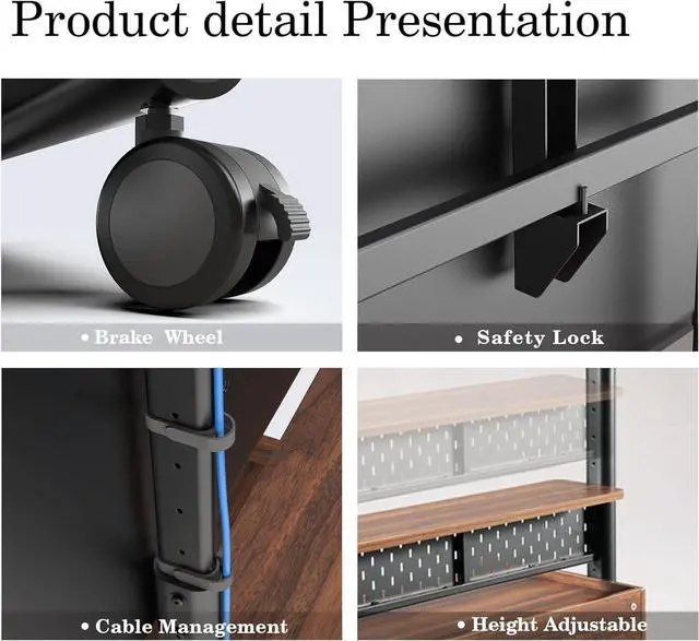 Alt view image 4 of 6 - Rolling TV Stand - Portable Floor TV Stand Mount on Wheels for 70-100 Inch TV, Mobile TV Stand Cart with Wooden Drawer for Living Room, Bed Room, Holds Up to 176 Lbs - Brown