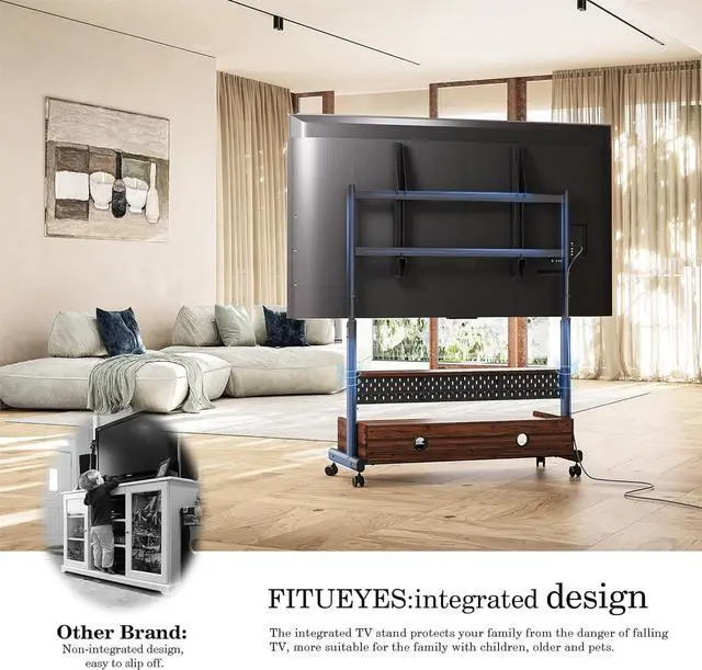 Alt view image 5 of 6 - Rolling TV Stand - Portable Floor TV Stand Mount on Wheels for 70-100 Inch TV, Mobile TV Stand Cart with Wooden Drawer for Living Room, Bed Room, Holds Up to 176 Lbs - Brown