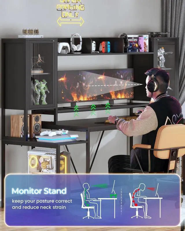 Alt view image 7 of 7 - Gaming Desk 74.8'' with LED Lights, Hutch and Storage Shelves, Computer Desk with Monitor Stand, Large PC Gamer Desk Workstation, Ergonomic Gaming Table for Bedroom, Living Room, Black