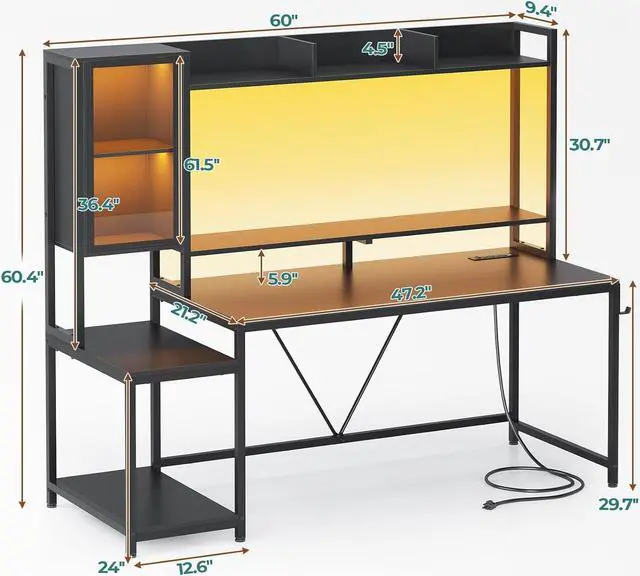 Alt view image 2 of 7 - 60''  Gaming Desk with Hutch, Computer Desk with Storage Shelves and LED Lights, Large PC Gamer Desk Workstation with Display Cabinet, Monitor Stand, Power Outlet for Home Office, Black