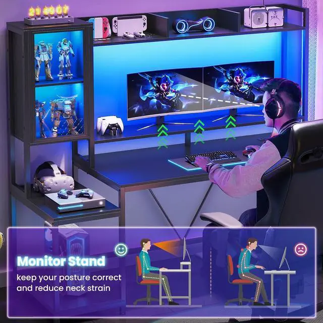 Alt view image 5 of 7 - 60''  Gaming Desk with Hutch, Computer Desk with Storage Shelves and LED Lights, Large PC Gamer Desk Workstation with Display Cabinet, Monitor Stand, Power Outlet for Home Office, Black