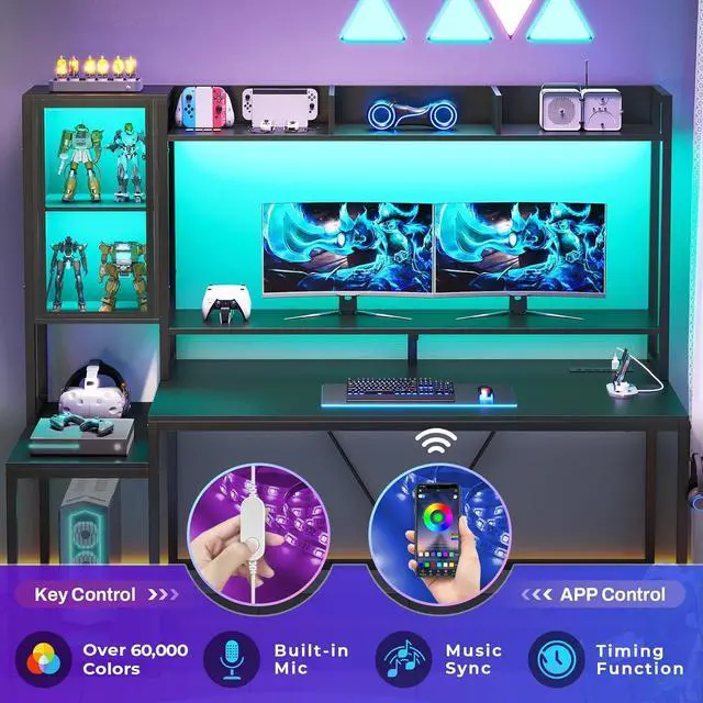 Alt view image 6 of 7 - 60''  Gaming Desk with Hutch, Computer Desk with Storage Shelves and LED Lights, Large PC Gamer Desk Workstation with Display Cabinet, Monitor Stand, Power Outlet for Home Office, Black