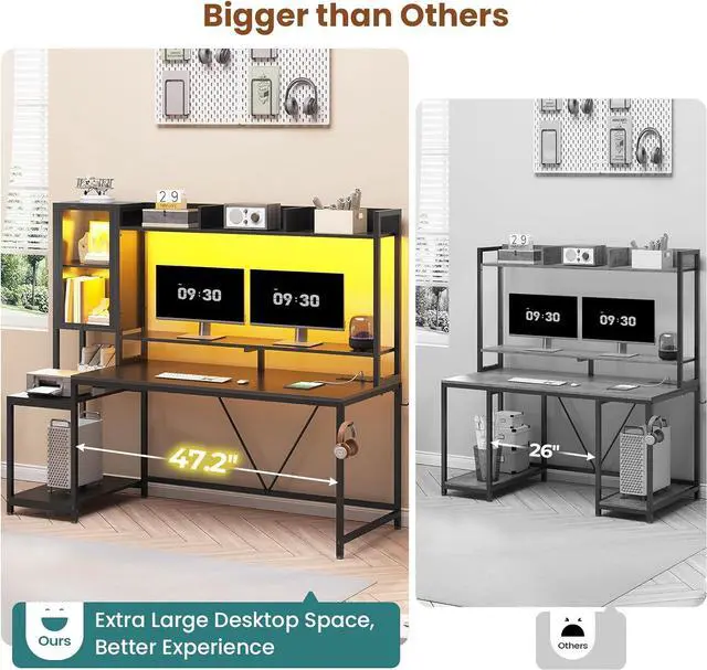 Alt view image 4 of 7 - 60''  Gaming Desk with Hutch, Computer Desk with Storage Shelves and LED Lights, Large PC Gamer Desk Workstation with Display Cabinet, Monitor Stand, Power Outlet for Home Office, Black