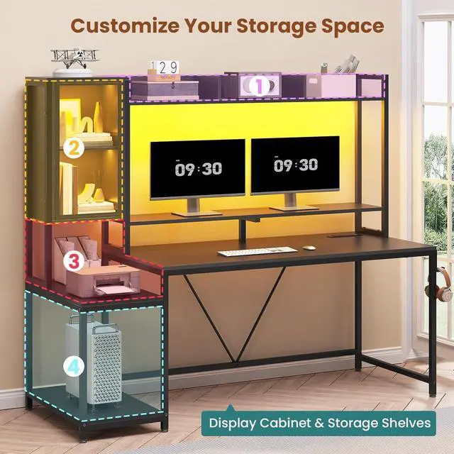 Alt view image 7 of 7 - 60''  Gaming Desk with Hutch, Computer Desk with Storage Shelves and LED Lights, Large PC Gamer Desk Workstation with Display Cabinet, Monitor Stand, Power Outlet for Home Office, Black