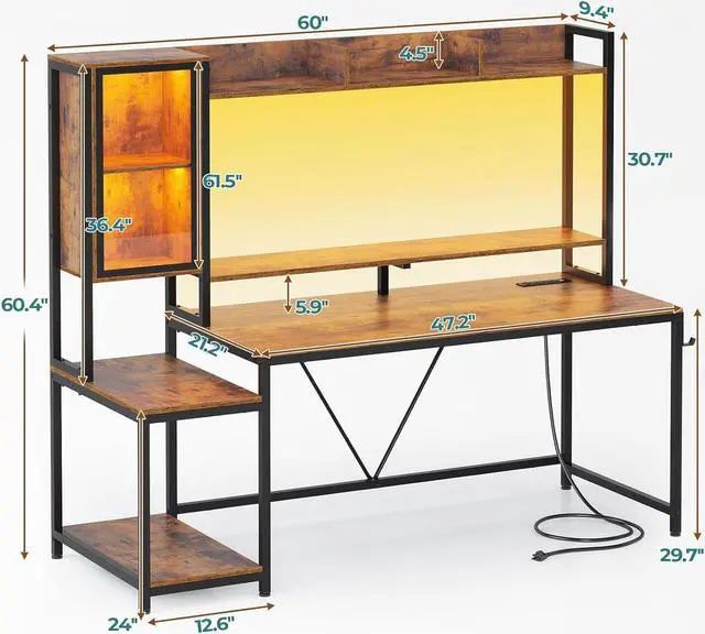 Alt view image 2 of 7 - 60''  Gaming Desk with Hutch, Computer Desk with Storage Shelves and LED Lights, Large PC Gamer Desk Workstation with Display Cabinet, Monitor Stand, Power Outlet for Home Office, Rustic Brown