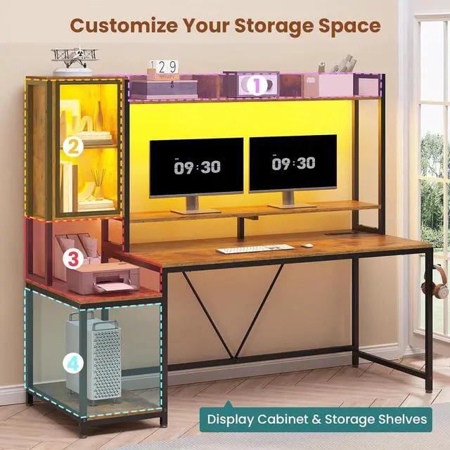 Alt view image 7 of 7 - 60''  Gaming Desk with Hutch, Computer Desk with Storage Shelves and LED Lights, Large PC Gamer Desk Workstation with Display Cabinet, Monitor Stand, Power Outlet for Home Office, Rustic Brown