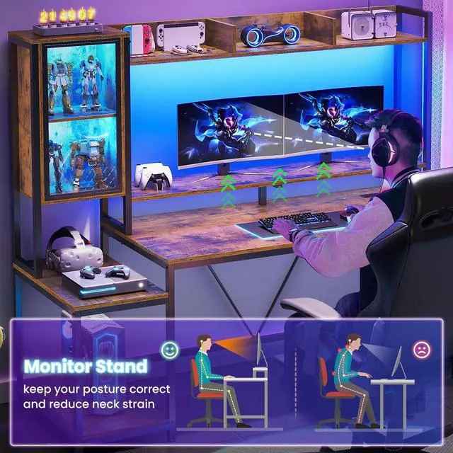 Alt view image 6 of 7 - 60''  Gaming Desk with Hutch, Computer Desk with Storage Shelves and LED Lights, Large PC Gamer Desk Workstation with Display Cabinet, Monitor Stand, Power Outlet for Home Office, Rustic Brown