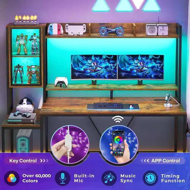 Alt view image 5 of 7 - 60''  Gaming Desk with Hutch, Computer Desk with Storage Shelves and LED Lights, Large PC Gamer Desk Workstation with Display Cabinet, Monitor Stand, Power Outlet for Home Office, Rustic Brown