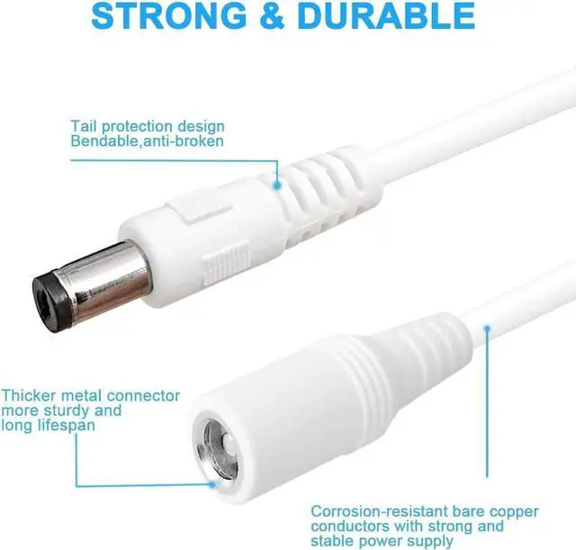 Alt view image 4 of 5 - 2-Pack 10FT DC Power Extension Cable,5.5mm x 2.1mm Extension Cord,12v Extension Cord for Security Camera CCTV IP,Router,LED Strip,5V 9V 24V 12 Volt Male to Female Plug Supply Adapter Power Cord White