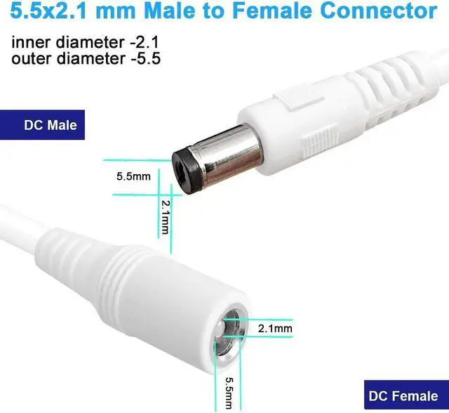 Alt view image 2 of 5 - 2-Pack 10FT DC Power Extension Cable,5.5mm x 2.1mm Extension Cord,12v Extension Cord for Security Camera CCTV IP,Router,LED Strip,5V 9V 24V 12 Volt Male to Female Plug Supply Adapter Power Cord White