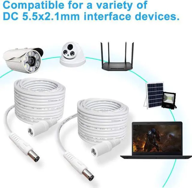 Alt view image 5 of 5 - 2-Pack 10FT DC Power Extension Cable,5.5mm x 2.1mm Extension Cord,12v Extension Cord for Security Camera CCTV IP,Router,LED Strip,5V 9V 24V 12 Volt Male to Female Plug Supply Adapter Power Cord White
