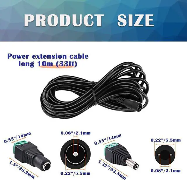 Alt view image 2 of 6 - 4PCS 33FT(10m) 12V DC Power Extension Cable with Power Jack Adapter Connectors(2 x Male + 2 x Female) 5.5mm x 2.1mm DC Power Adapter Extension Cord and Cable Wire Ends Plug HE030-4