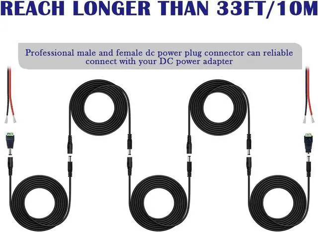 Alt view image 3 of 6 - 4PCS 33FT(10m) 12V DC Power Extension Cable with Power Jack Adapter Connectors(2 x Male + 2 x Female) 5.5mm x 2.1mm DC Power Adapter Extension Cord and Cable Wire Ends Plug HE030-4