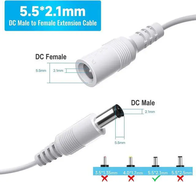 Alt view image 2 of 7 - 33ft Power Extension Cable, 10M 2.1mm x 5.5mm, Compatible with 12V DC Adapter Cord or Wall Charger for CCTV Security Camera, IP Camera, and More. White