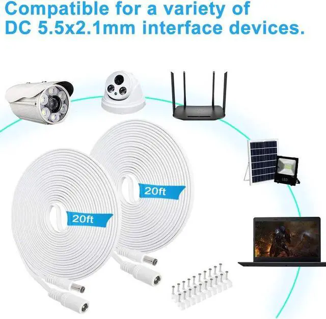 Alt view image 6 of 6 - 2 Pack 20FT DC Power Extension Cable,2.1mm x 5.5mm 12v DC Extension Cord Power Supply Adapter for CCTV Security Camera Surveillance Indoor IP Camera,LED Strip,12 Volt Male to Female Plug Flat Cable