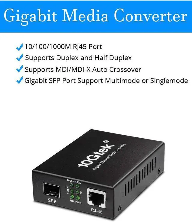 Alt view image 2 of 6 - Fiber to Ethernet Media Converter, Gigabit SFP to RJ45 Fiber Converter,Support Multimode and Single Mode SFP Modules, 10/100/1000M RJ45, Auto-Negotiation
