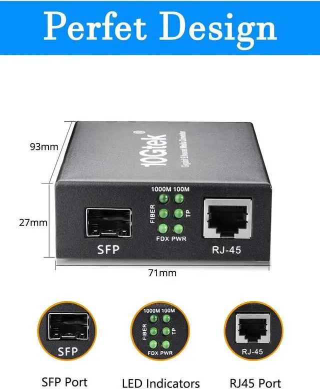 Alt view image 4 of 6 - Fiber to Ethernet Media Converter, Gigabit SFP to RJ45 Fiber Converter,Support Multimode and Single Mode SFP Modules, 10/100/1000M RJ45, Auto-Negotiation