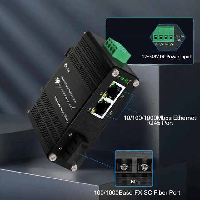 Alt view image 2 of 7 - Mini Industrial 2 Port Gigabit Multi-Mode Media Converter Hardened 2 10/100/1000Mbps RJ45 Ethernet Optical Transceiver with 100/1000Base-FX SC Auto Detection Transmission Max 550m 12~48V