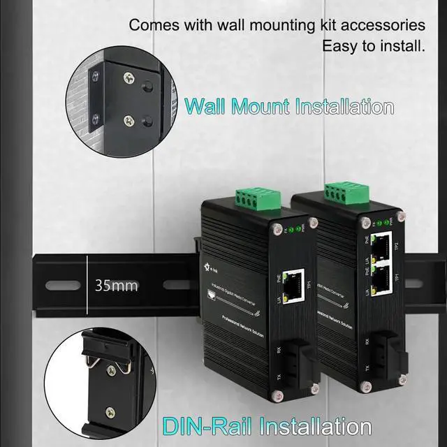 Alt view image 5 of 7 - Industrial 2 Port Gigabit Multi-Mode Fiber Media Converter Power Over Ethernet Hardened 2 10/100/1000Base-TX PoE Optical Transceiver 802.3af/at 100/1000M SC Transmission Max 550m