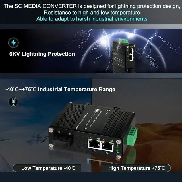 Alt view image 6 of 7 - Industrial 2 Port Gigabit Multi-Mode Fiber Media Converter Power Over Ethernet Hardened 2 10/100/1000Base-TX PoE Optical Transceiver 802.3af/at 100/1000M SC Transmission Max 550m