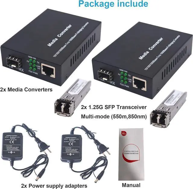 Alt view image 3 of 5 - Multi-Mode LC Gigabit Fiber Media Converters - Include 2 LC SFP Transceiver 550M, Wavelength 850nm, LC to UTP Cat5e 10/100/1000 RJ-45 Gigabit Ethernet Speed, 2 Pack