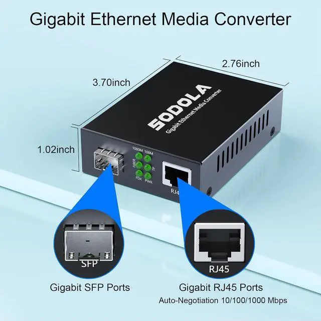 Alt view image 2 of 7 - Gigabit Ethernet Media Converter, SingleMode Dual LC Fiber to Ethernet RJ45 Converter for 10/100/1000Base-Tx to 1000Base-LX(with a SFP SMF 1310-nm Module), up to 20-km
