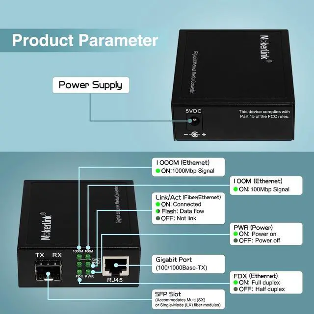 Alt view image 3 of 7 - Gigabit SFP to RJ45 Converter, Fiber to Ethernet Media Converter, 10/100/1000Mbps RJ45 Port, 1000Base-SX/LX SFP Slot, Support MiniGBIC Module