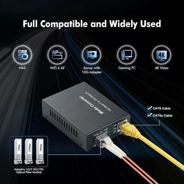 Alt view image 5 of 7 - 10 Gigabit SFP to 10G RJ45 Converter, 10G/5G/2.5G/1G/100M Copper, 10GBASE-X SFP+ Slot, Unmanaged Metal Fiber to Ethernet Media Converter
