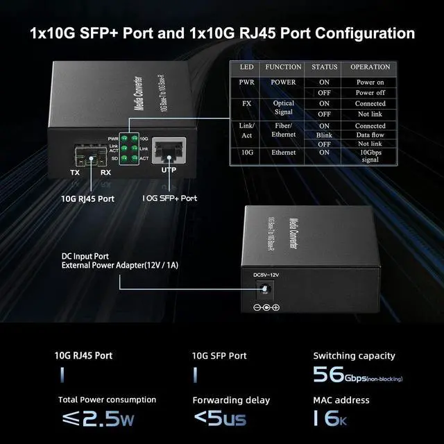 Alt view image 3 of 7 - 10 Gigabit SFP to 10G RJ45 Converter, 10G/5G/2.5G/1G/100M Copper, 10GBASE-X SFP+ Slot, Unmanaged Metal Fiber to Ethernet Media Converter