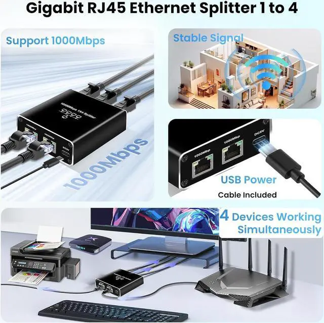 Alt view image 2 of 7 - 5 Port Gigabit Ethernet Switch with USB Power Cable, 1000Mbps Ethernet Splitter 1 to 4 Out [4 Devices Simultaneous Networking], Computer High Speed LAN Internet Splitter for Cat 5/5e/6/7/8