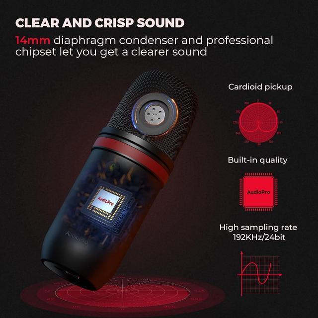 Alt view image 2 of 7 - USB Microphone, Cardioid Condenser Gaming Mic for PC/Laptop/Phone/PS4/5, Headphone Output, Volume Control, USB Type-C Plug and Play, LED Mute Button, for Streaming, Podcast, Studio