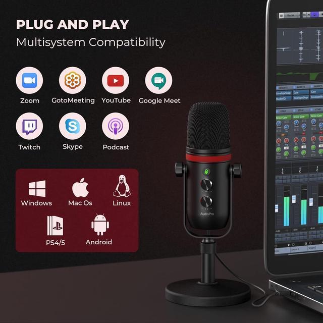Alt view image 3 of 7 - USB Microphone, Cardioid Condenser Gaming Mic for PC/Laptop/Phone/PS4/5, Headphone Output, Volume Control, USB Type-C Plug and Play, LED Mute Button, for Streaming, Podcast, Studio