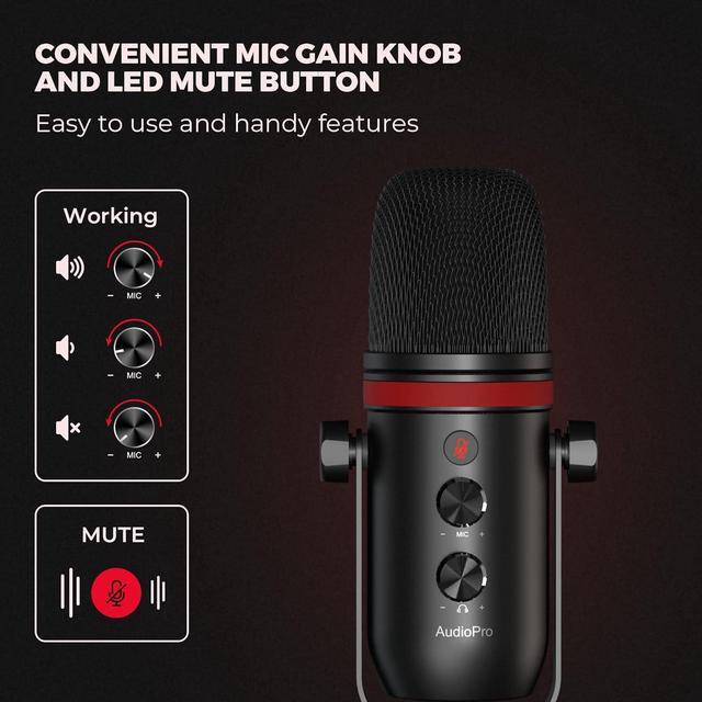 Alt view image 4 of 7 - USB Microphone, Cardioid Condenser Gaming Mic for PC/Laptop/Phone/PS4/5, Headphone Output, Volume Control, USB Type-C Plug and Play, LED Mute Button, for Streaming, Podcast, Studio