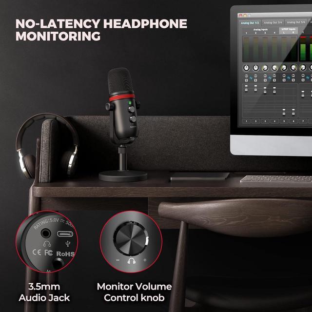 Alt view image 5 of 7 - USB Microphone, Cardioid Condenser Gaming Mic for PC/Laptop/Phone/PS4/5, Headphone Output, Volume Control, USB Type-C Plug and Play, LED Mute Button, for Streaming, Podcast, Studio
