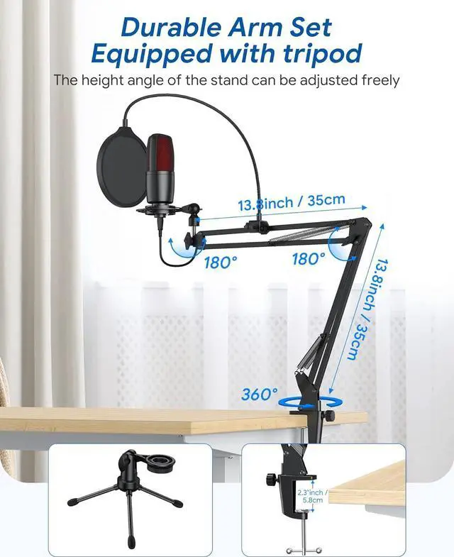 Alt view image 5 of 7 - USB Microphone, Condenser Microphone Kit for Computer, Podcast Mic Set, PC Condenser Mic with Boom Arm for Gaming,Streaming,YouTube,Recording,Chatting