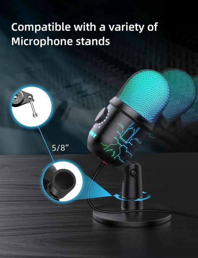 Alt view image 5 of 7 - Gaming Microphone, USB Computer Microphone for PC, Mac, PS4/5, Condenser Podcast Mic for Studio Recording, YouTube, Streaming, with Headphone Jack, Led Light, Mute, Gain, Noise Cancellation