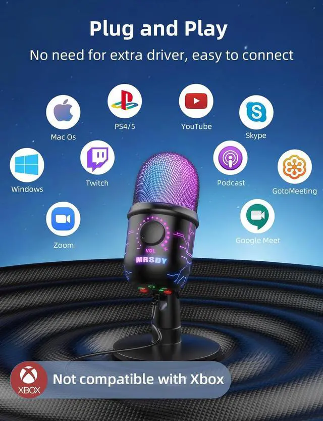 Alt view image 6 of 7 - Gaming Microphone, USB Computer Microphone for PC, Mac, PS4/5, Condenser Podcast Mic for Studio Recording, YouTube, Streaming, with Headphone Jack, Led Light, Mute, Gain, Noise Cancellation