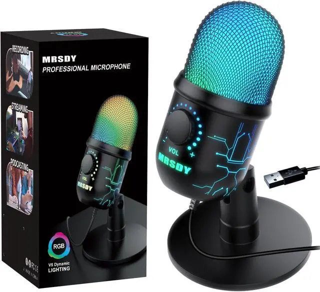 Main image of Gaming Microphone, USB Computer Microphone for PC, Mac, PS4/5, Condenser Podcast Mic for Studio Recording, YouTube, Streaming, with Headphone Jack, Led Light, Mute, Gain, Noise Cancellation