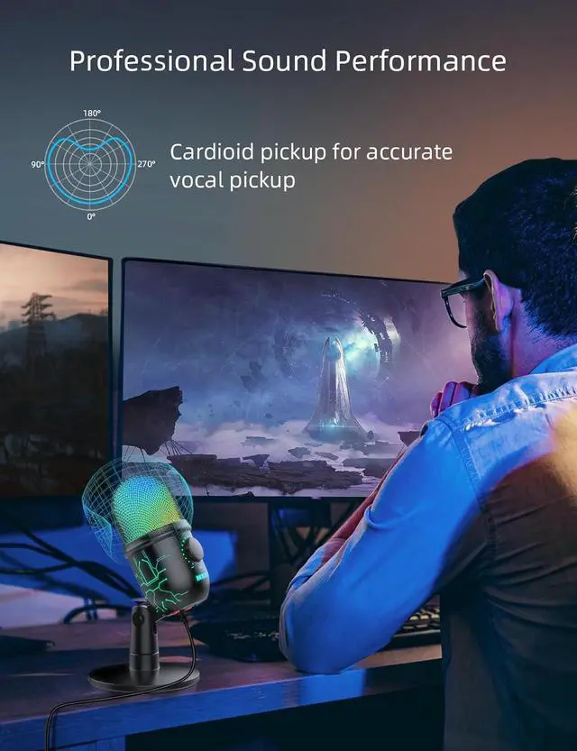 Alt view image 7 of 7 - Gaming Microphone, USB Computer Microphone for PC, Mac, PS4/5, Condenser Podcast Mic for Studio Recording, YouTube, Streaming, with Headphone Jack, Led Light, Mute, Gain, Noise Cancellation