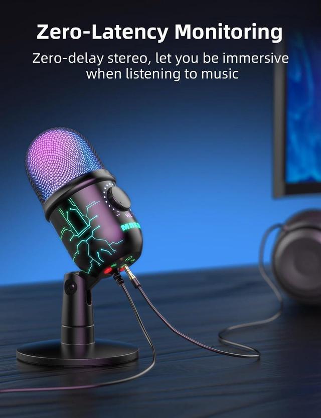 Alt view image 4 of 7 - Gaming Microphone, USB Computer Microphone for PC, Mac, PS4/5, Condenser Podcast Mic for Studio Recording, YouTube, Streaming, with Headphone Jack, Led Light, Mute, Gain, Noise Cancellation