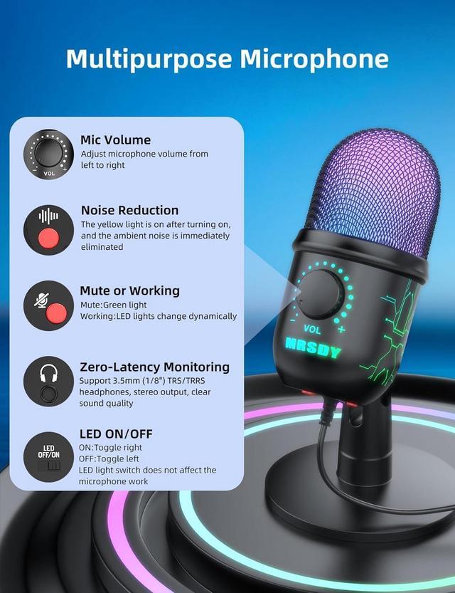 Alt view image 2 of 7 - Gaming Microphone, USB Computer Microphone for PC, Mac, PS4/5, Condenser Podcast Mic for Studio Recording, YouTube, Streaming, with Headphone Jack, Led Light, Mute, Gain, Noise Cancellation