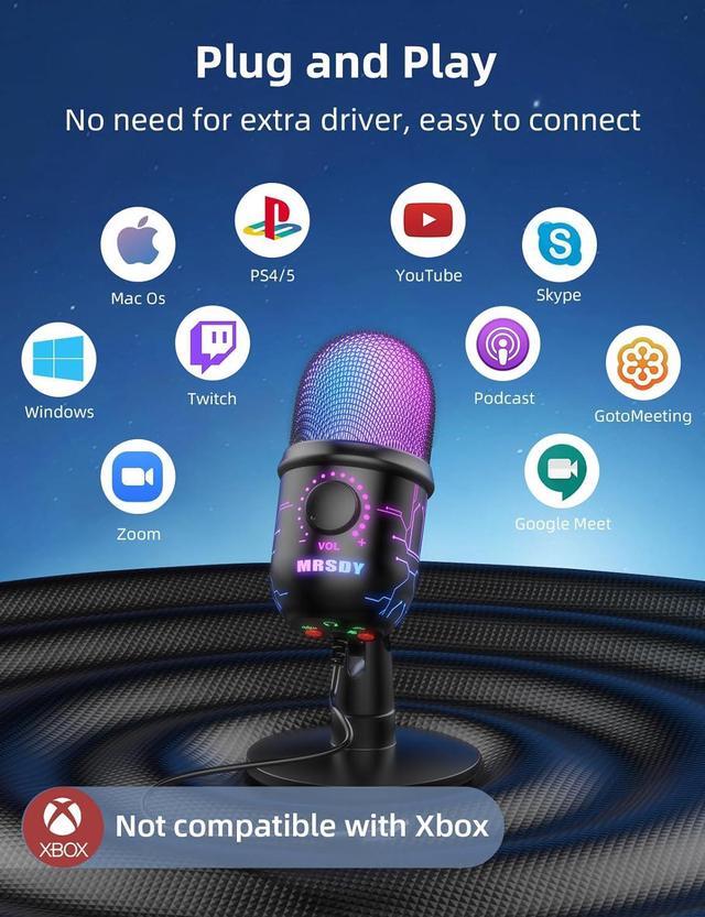 Alt view image 6 of 7 - Gaming Microphone, USB Computer Microphone for PC, Mac, PS4/5, Condenser Podcast Mic for Studio Recording, YouTube, Streaming, with Headphone Jack, Led Light, Mute, Gain, Noise Cancellation