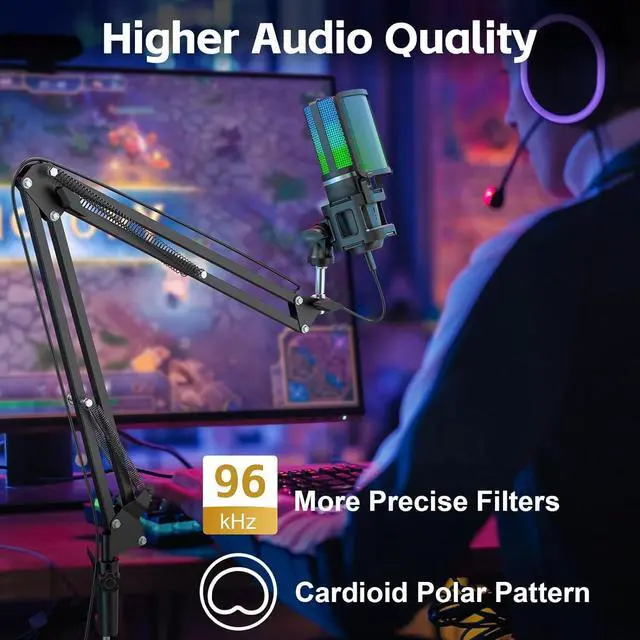 Alt view image 5 of 7 - Gaming USB Microphone,Noise Cancellation Condenser mic,RGB Microphone with Mute,Gain,Monitoring,Boom Arm,Pop Filter for Phone,PC,Computer,PS4,PS5,Mac,Streaming,Podcast,Twitch,YouTube,Discord