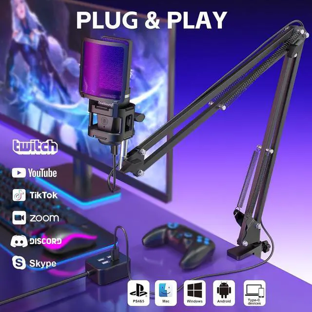 Alt view image 2 of 7 - Gaming USB Microphone,Noise Cancellation Condenser mic,RGB Microphone with Mute,Gain,Monitoring,Boom Arm,Pop Filter for Phone,PC,Computer,PS4,PS5,Mac,Streaming,Podcast,Twitch,YouTube,Discord